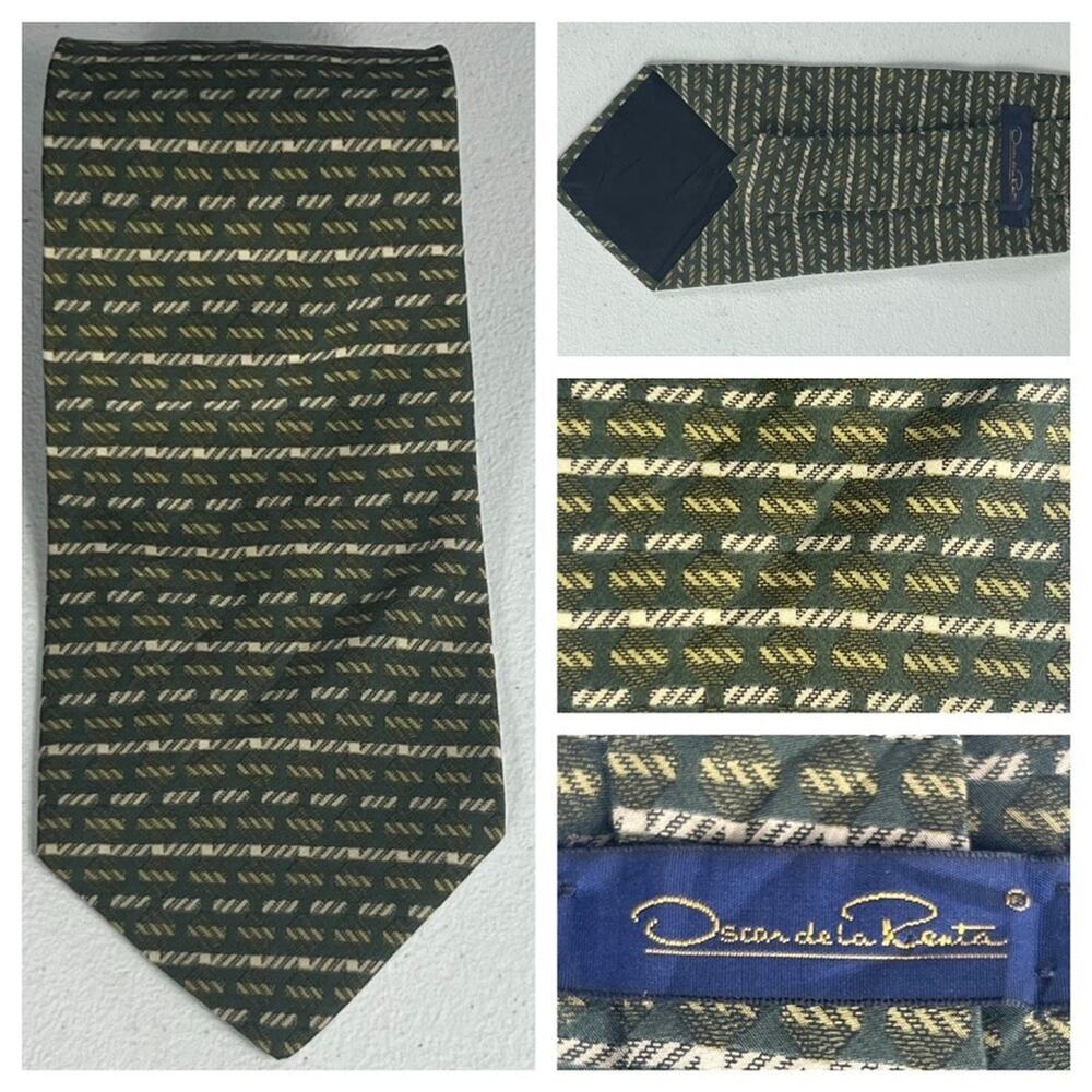 Oscar De La Renta Mens Green Striped Pattern 100% Silk Neck Tie